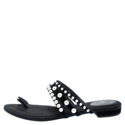 Chanel Navy Blue Velvet Faux Pearl Embellished Flat Strappy Slides Size 38.5