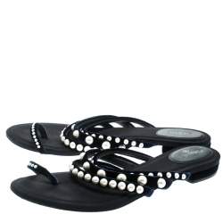 Chanel Navy Blue Velvet Faux Pearl Embellished Flat Strappy Slides Size 38.5