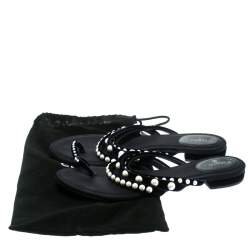 Chanel Navy Blue Velvet Faux Pearl Embellished Flat Strappy Slides Size 38.5
