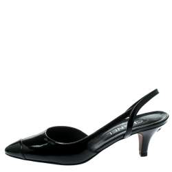 Pre Owned صندل شانيل فتحة كعب جلد لامع أسود مقاس 37