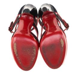 Chanel Black Canvas And Red Patent Leather Cut Out Peep Toe Ankle Strap Sandals Size 38.5