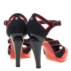 Chanel Black Canvas And Red Patent Leather Cut Out Peep Toe Ankle Strap Sandals Size 38.5