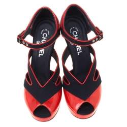 Chanel Black Canvas And Red Patent Leather Cut Out Peep Toe Ankle Strap Sandals Size 38.5