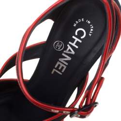 Chanel Black Canvas And Red Patent Leather Cut Out Peep Toe Ankle Strap Sandals Size 38.5