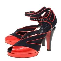 Chanel Black Canvas And Red Patent Leather Cut Out Peep Toe Ankle Strap Sandals Size 38.5