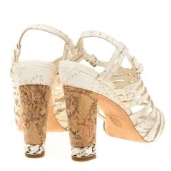 Chanel White Leather Chain Embellished Cork Heel Strappy Sandals Size 39