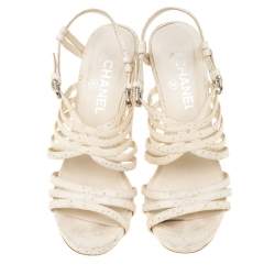 Chanel White Leather Chain Embellished Cork Heel Strappy Sandals Size 39