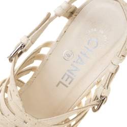 Chanel White Leather Chain Embellished Cork Heel Strappy Sandals Size 39