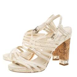 Chanel White Leather Chain Embellished Cork Heel Strappy Sandals Size 39
