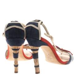 Chanel Tricolor Striped Suede Bow Detail CC Cork Heel Open Toe Sandals Size 36.5
