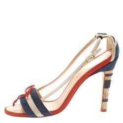 Chanel Tricolor Striped Suede Bow Detail CC Cork Heel Open Toe Sandals Size 36.5