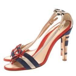 Chanel Tricolor Striped Suede Bow Detail CC Cork Heel Open Toe Sandals Size 36.5