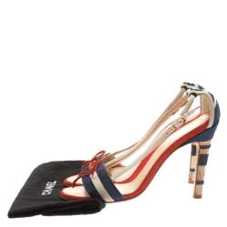 Chanel Tricolor Striped Suede Bow Detail CC Cork Heel Open Toe Sandals Size 36.5