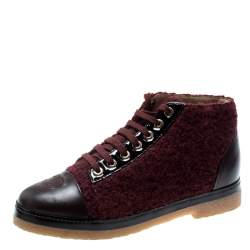 Chanel Burgundy Tweed And Leather CC Cap Toe High Top Sneakers Size 37