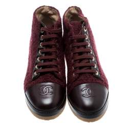 Chanel Burgundy Tweed And Leather CC Cap Toe High Top Sneakers Size 37