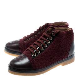 Chanel Burgundy Tweed And Leather CC Cap Toe High Top Sneakers Size 37