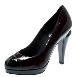 Pre Owned Chanel Black Patent Leather Cap Toe Platform Pumps Size 36