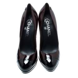 Pre Owned Chanel Black Patent Leather Cap Toe Platform Pumps Size 36
