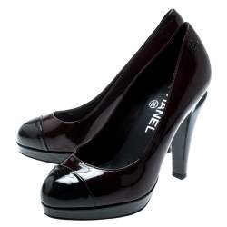 Pre Owned Chanel Black Patent Leather Cap Toe Platform Pumps Size 36