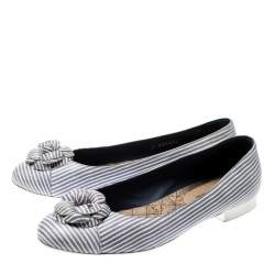 مملوكة مسبقًا حذاء باليرينا فلات شانيل كاميليا خطوط بيضاء وبنفسجي مقاس 39.5