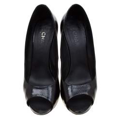 Chanel Black Patent Leather Peep Toe Pumps Size 40.5