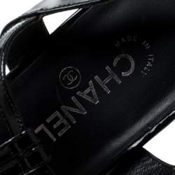 Chanel Black Patent Leather T-Strap CC Logo Wedge Platform Sandals Size 40
