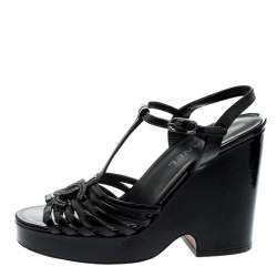 Chanel Black Patent Leather T-Strap CC Logo Wedge Platform Sandals Size 40