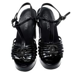 Chanel Black Patent Leather T-Strap CC Logo Wedge Platform Sandals Size 40