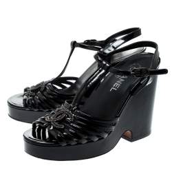 Chanel Black Patent Leather T-Strap CC Logo Wedge Platform Sandals Size 40