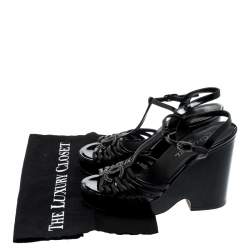 Chanel Black Patent Leather T-Strap CC Logo Wedge Platform Sandals Size 40