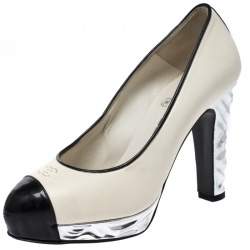 Pre Owned Chanel Monochrome Leather CC Cap Toe Platform Pumps Size 35