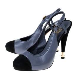 Chanel Purple Leather And Black Canvas Cap Toe Slingback Platform Sandals Size 38.5