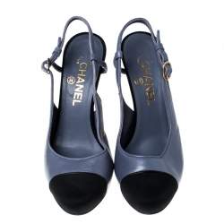 Chanel Purple Leather And Black Canvas Cap Toe Slingback Platform Sandals Size 38.5