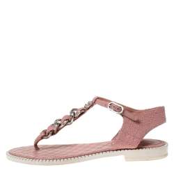 Chanel Light Pink Leather Chain Detail CC Thong Flat Sandals Size 37