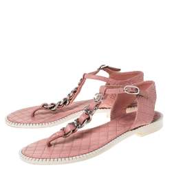 Chanel Light Pink Leather Chain Detail CC Thong Flat Sandals Size 37