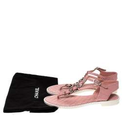 Chanel Light Pink Leather Chain Detail CC Thong Flat Sandals Size 37