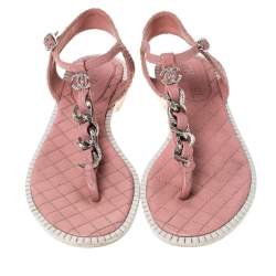 Chanel Light Pink Leather Chain Detail CC Thong Flat Sandals Size 37