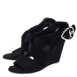 Chanel Black Canvas Wedge Open Toe Ankle Strap Sandals Size 40.5