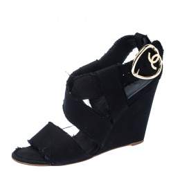 Chanel Black Canvas Wedge Open Toe Ankle Strap Sandals Size 40.5