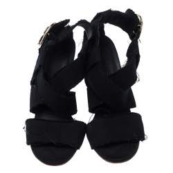 Chanel Black Canvas Wedge Open Toe Ankle Strap Sandals Size 40.5
