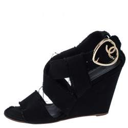 Chanel Black Canvas Wedge Open Toe Ankle Strap Sandals Size 40.5