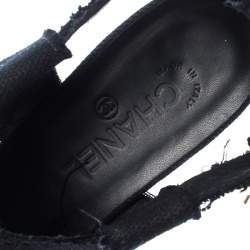 Chanel Black Canvas Wedge Open Toe Ankle Strap Sandals Size 40.5