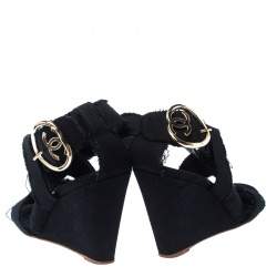 Chanel Black Canvas Wedge Open Toe Ankle Strap Sandals Size 40.5