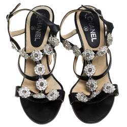 Chanel Black Leather Embellished Wedge Strappy Sandals Size 40.5