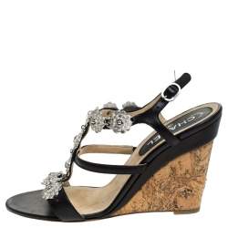 Chanel Black Leather Embellished Wedge Strappy Sandals Size 40.5