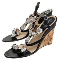 Chanel Black Leather Embellished Wedge Strappy Sandals Size 40.5