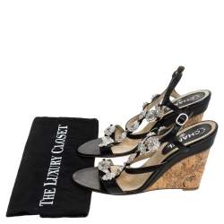 Chanel Black Leather Embellished Wedge Strappy Sandals Size 40.5