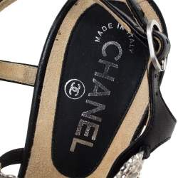 Chanel Black Leather Embellished Wedge Strappy Sandals Size 40.5