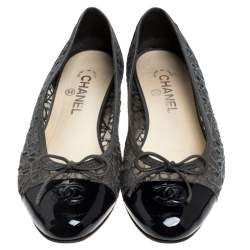 Chanel Two Tone Lace and Patent Leather CC Cap Toe Ballet Flats Size 41
