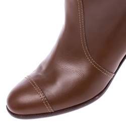 Chanel Brown Leather Cap Toe Block Heel High Boots Size 39